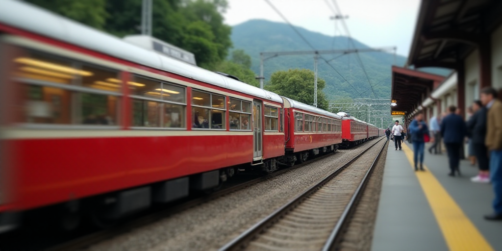 a red and white train is pulling into a station with people walking by it and a train is on the trac