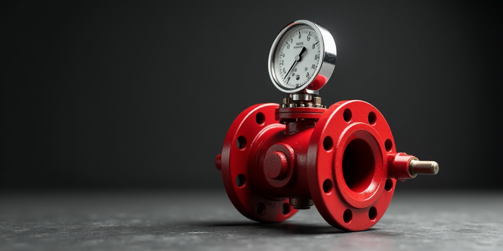 a red and white valve with a gauge on top of it and a black and white background behind it, Andries