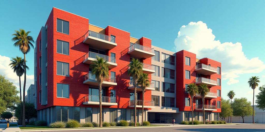a red brick apartment building with palm trees in front of it and a blue sky in the background with