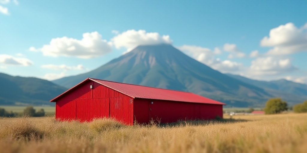 a red building with a mountain in the background and a blue sky with clouds in the background with a