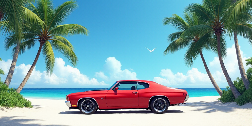 a red car parked in front of a palm tree lined beach area with a blue sky and white sand, Cui Bai, f