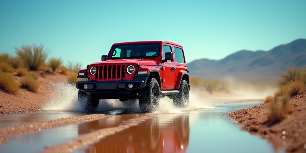 a red jeep driving through a puddle of water on a dirt road in the desert with a blue sky in the bac