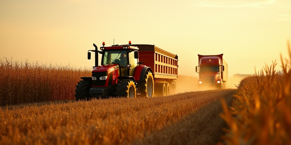 a red tractor is driving through a field of corn as a red grain truck drives by behind it in the dis