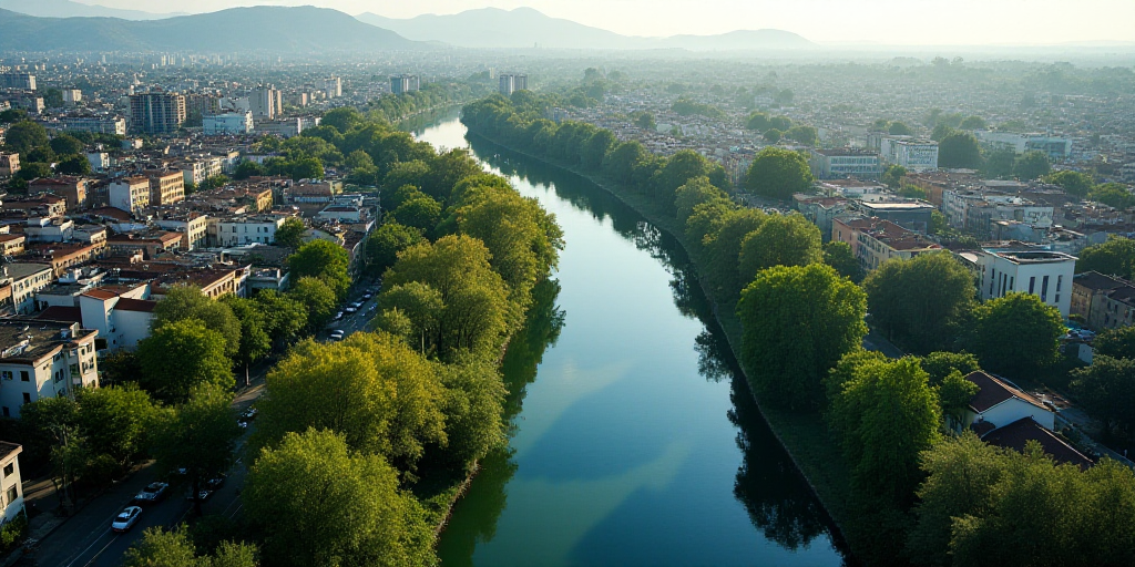 a river running through a city with lots of buildings and trees on the other side of the river is a