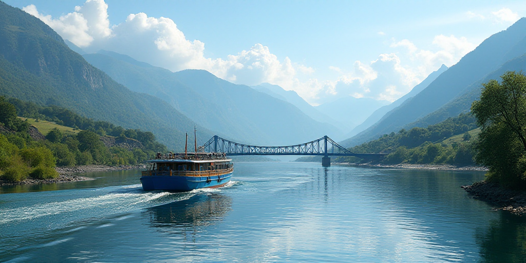a river with a blue boat on it and mountains in the background with clouds in the sky and a blue bri