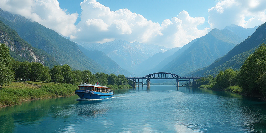 a river with a blue boat on it and mountains in the background with clouds in the sky and a blue bri