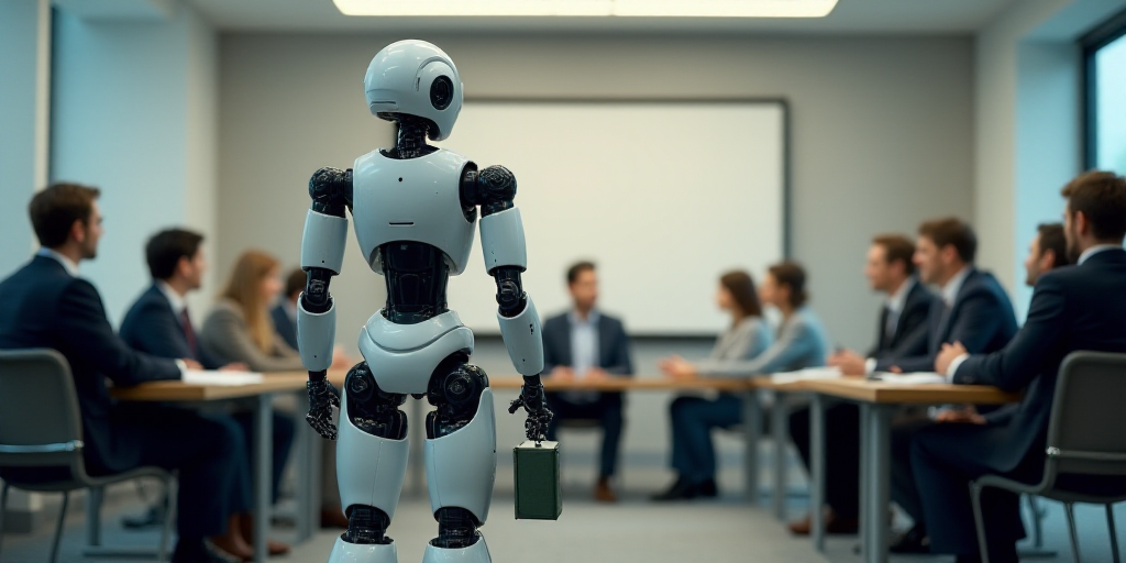 a robot holding a briefcase in front of a group of people sitting down and talking to each other in