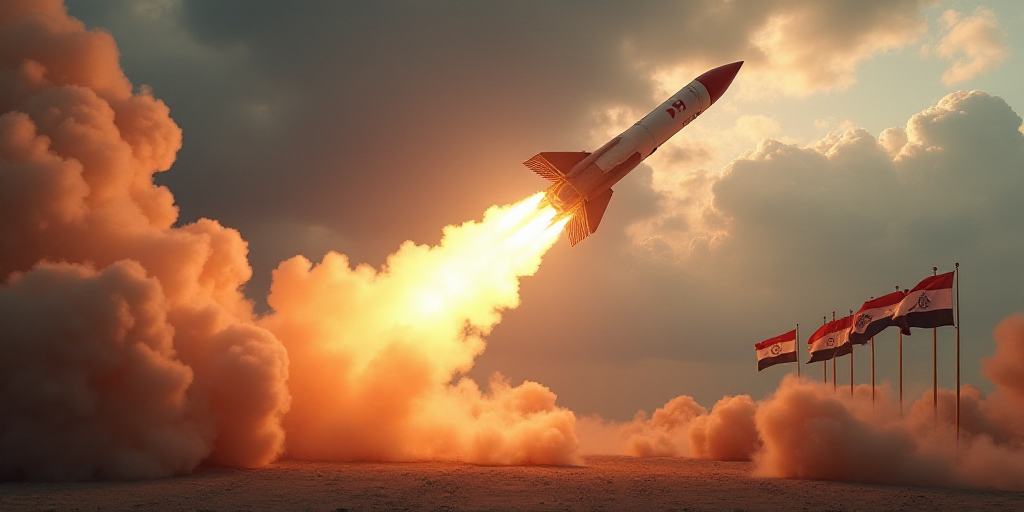 a rocket is flying through the air with smoke and flags in the background of a photo of a rocket, Fa