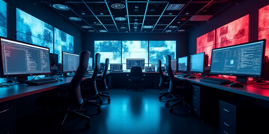 a room filled with lots of computer monitors and monitors on the walls of it's walls are lit up with