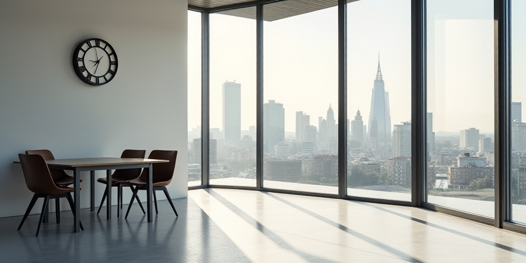 a room with a table and chairs and a clock on the wall above it and a window with a view of a city,