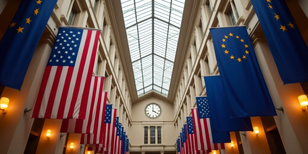 a row of american and european flags hanging from a ceiling in a building with a clock in the backgr
