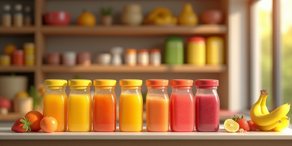 a row of boxes of juice sitting on a counter top next to a shelf of fruit juices and a banana, Cefer