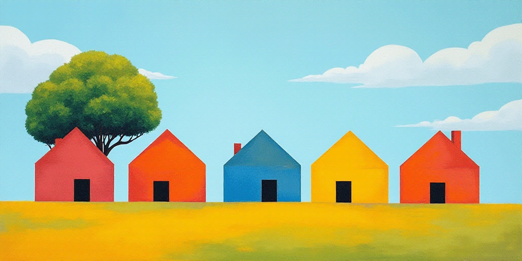 a row of colorful houses with a tree in the background and a blue sky in the background with clouds,