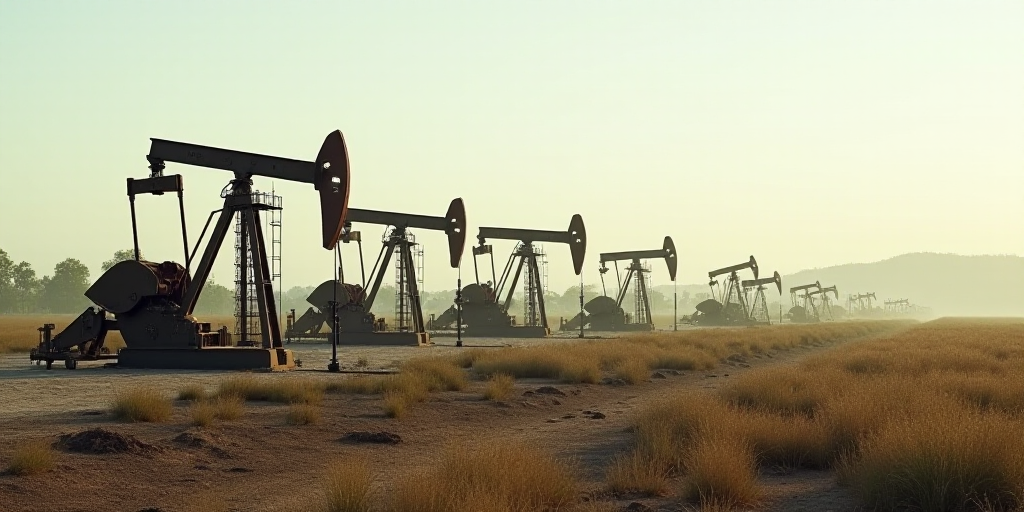 a row of oil pumps sitting on top of a dirt field next to a field of grass and trees, Dahlov Ipcar,