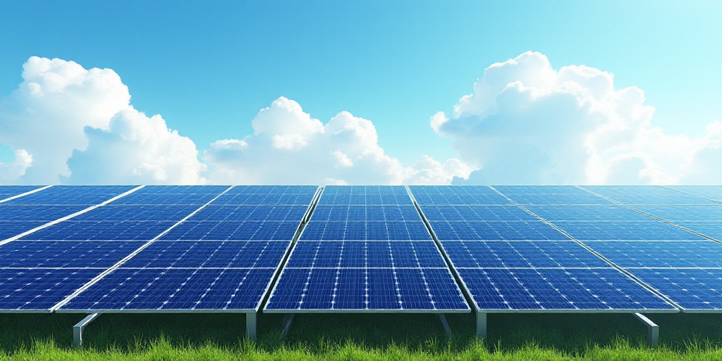 a row of solar panels on a farm with a sky background and a few clouds in the sky above, Dahlov Ipca