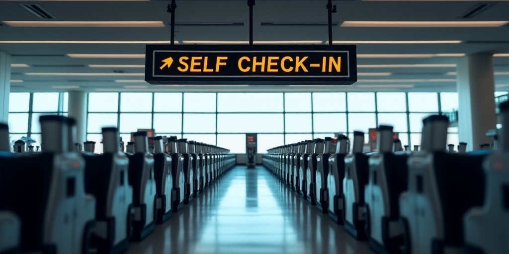 a row of turns at an airport with a sign above them that says self check - in - kots, Dahlov Ipcar,