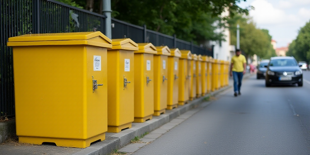 a row of yellow boxes sitting on the side of a road next to parked cars and a man in a yellow shirt,