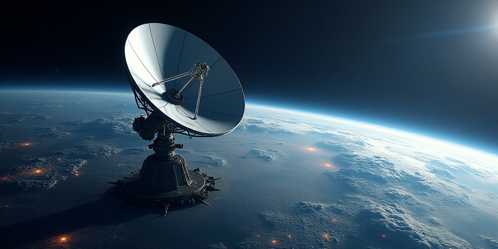 a satellite dish is shown in the middle of the earth's atmosphere, with a satellite dish attached to