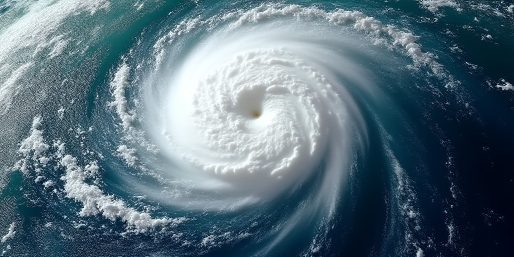 a satellite image of a hurricane in the ocean with a white cloud in the middle of the picture and a
