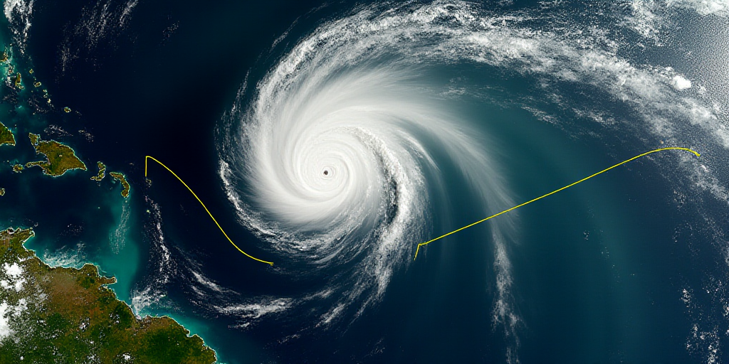 a satellite image of a storm in the ocean with a yellow line indicating the location of the tropical