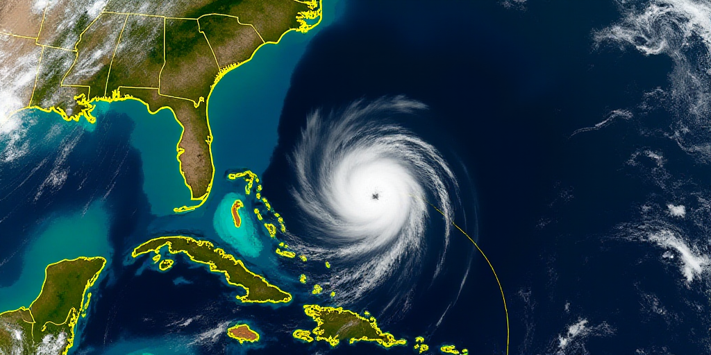 a satellite image of a tropical storm in the ocean with a yellow line indicating the path of a hurri
