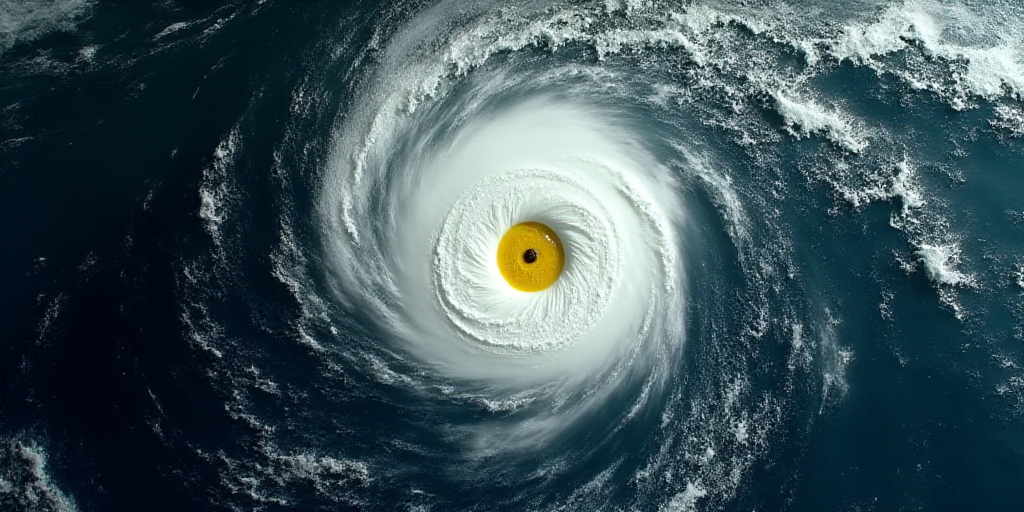 a satellite image of a tropical cyclone in the ocean with a yellow circle in the center of the image