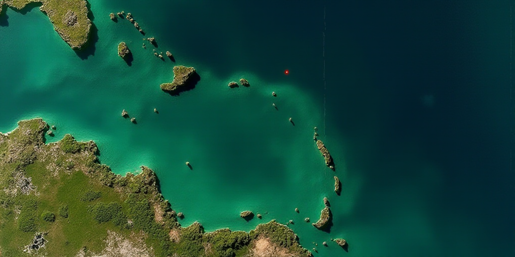a satellite image of a tropical region in the ocean with a green and brown color scheme and a red do