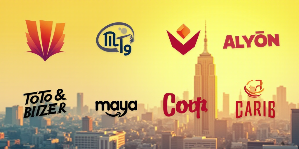 a series of different logos with a building in the background and a city in the background with a ye