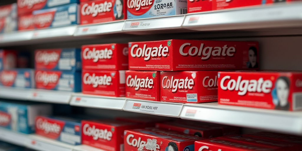 a shelf of colgate toothpaste in a store with toothpaste on it and toothpaste on the shelf, An Gyeon