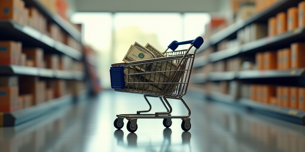 a shopping cart with a lot of money in it in a store aisle with a window in the background, Chica Ma