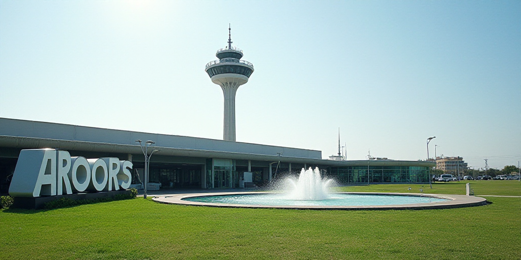 a sign for a airport with a tower in the background and a grassy area in front of it that has a wate