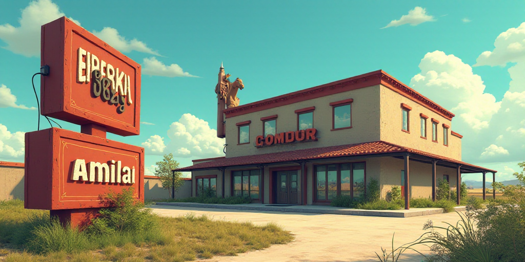 a sign for a company in front of a building with a horse head on it's side and a large building with
