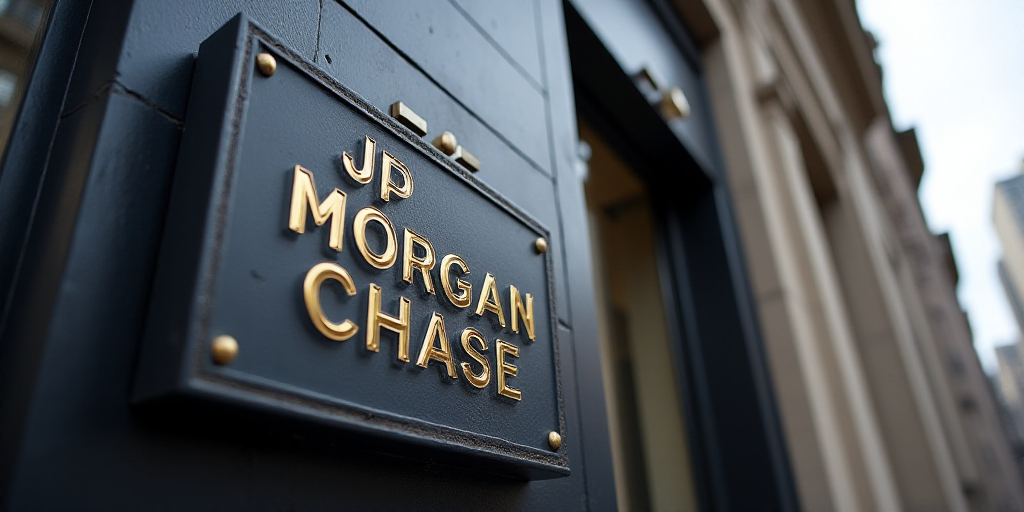 a sign for jp morgan chase group in front of a building in the city of new york city, new york, Erne
