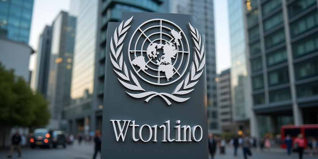 a sign for the world trade organization wtoomc in front of a building in the city of london, Afewerk