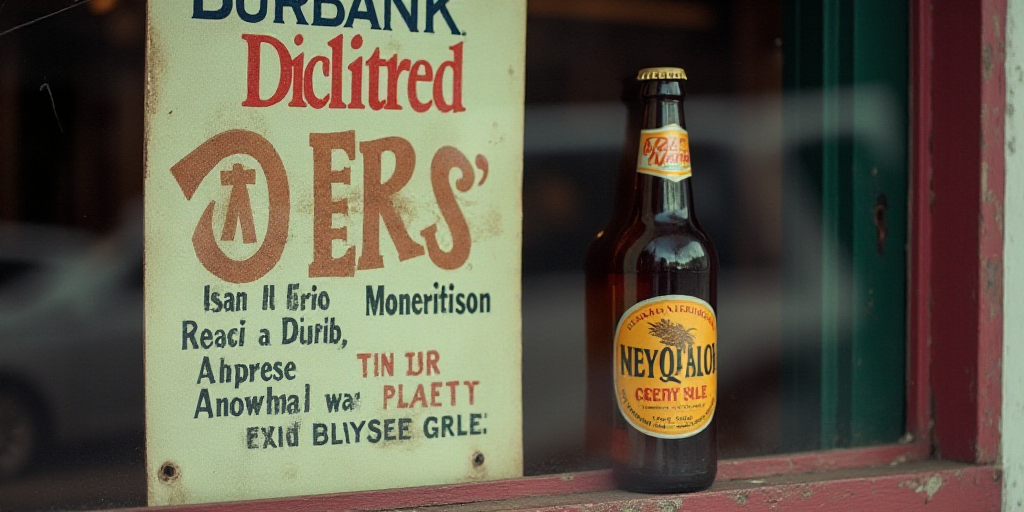 a sign is posted on a window of a storefront with advertisements on it and a bottle of beer, Elbridg