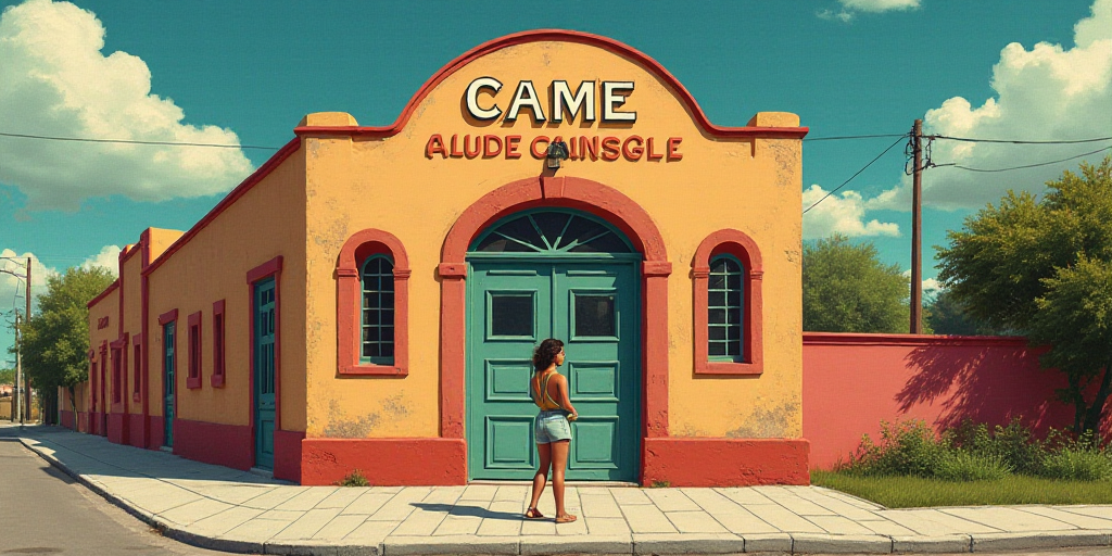 a sign on a building that says came in spanish and english and a woman is standing in front of it, C