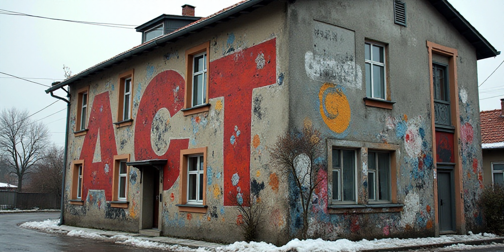 a sign on a building that says act on it's side and a clock on the side of it, Dahlov Ipcar, leica,