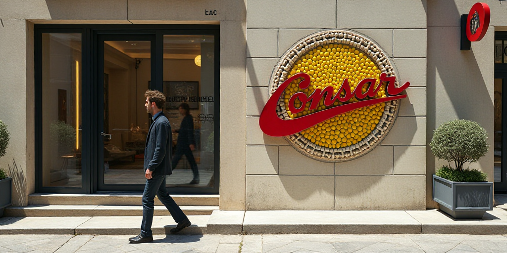 a sign on a wall that says consar in a building with a glass door and a man walking by, Conrad Marca