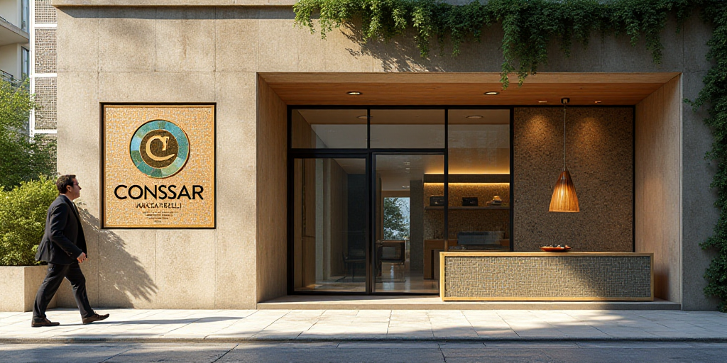 a sign on a wall that says consar in a building with a glass door and a man walking by, Conrad Marca