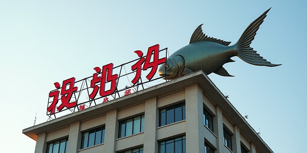 a sign on top of a building with chinese writing on it and a fish on it's tail, Ding Guanpeng, cgstu