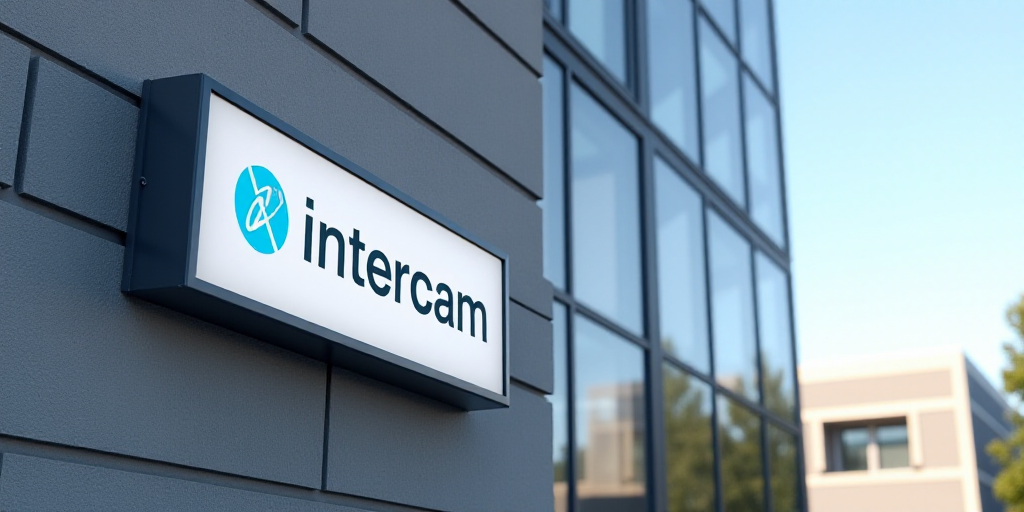 a sign that reads intercam banco on the side of a building with glass windows and a sky background,