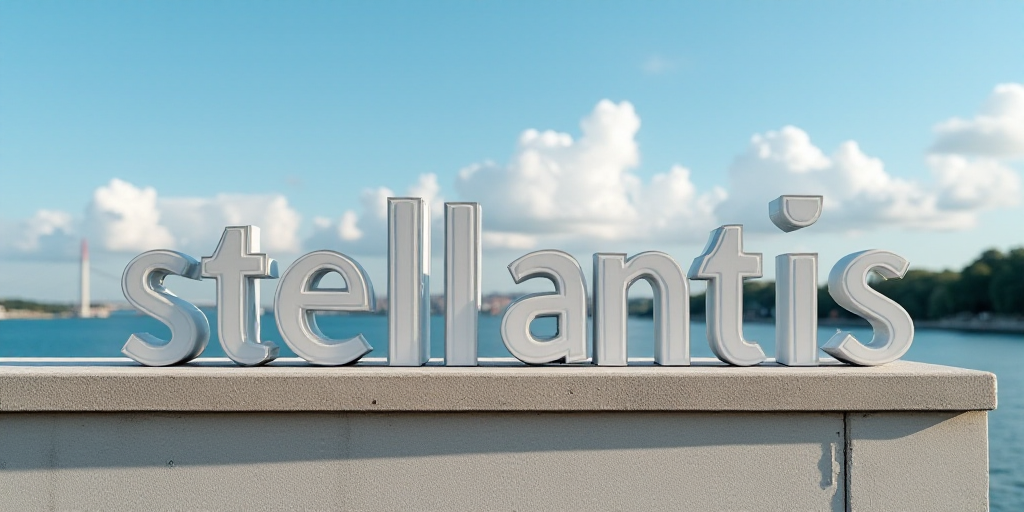 a sign that reads stellantis on a wall with a sky background and a bridge in the background, Bálint