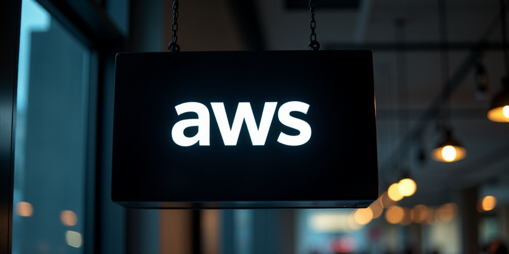 a sign that says aws hanging from a ceiling in a building with a black background and a white aws lo