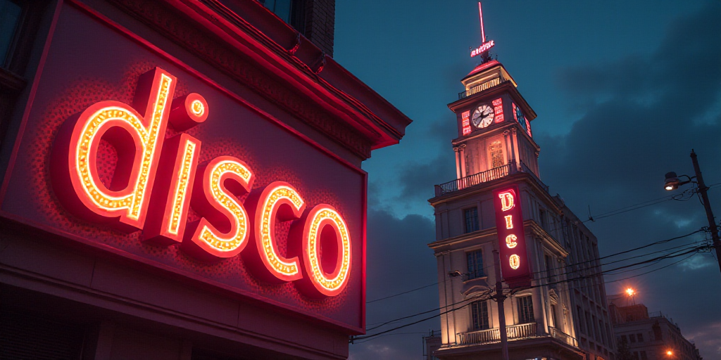 a sign that says disco on it in front of a building with a clock on it's side, Brian 'Chippy' Dugan,