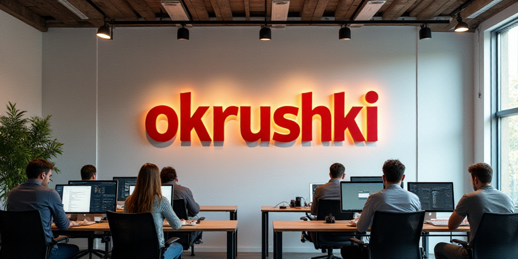 a sign that says,'okrushki'on the wall of a building with people working at computers, Bohumil Kubis