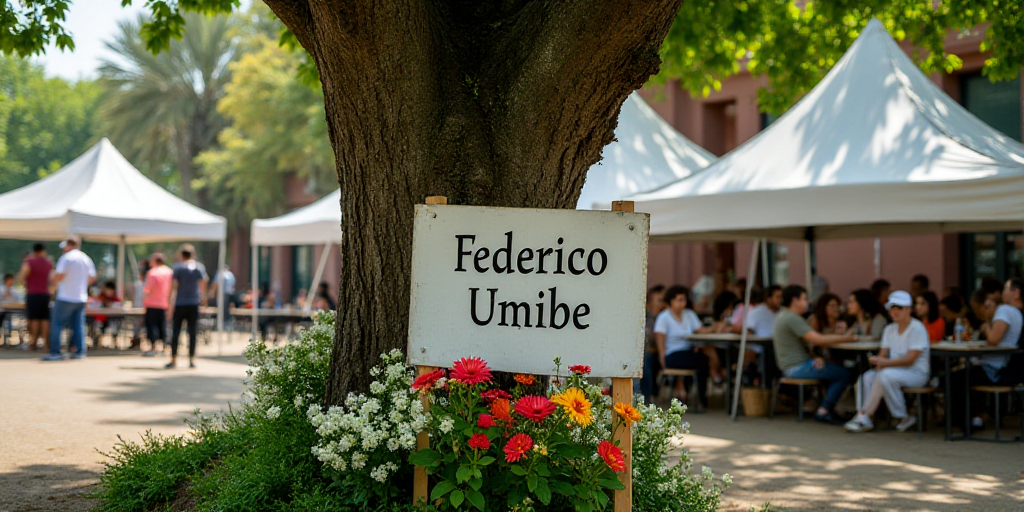 a sign with flowers on it in front of a tree and people sitting at tables in the background and a te