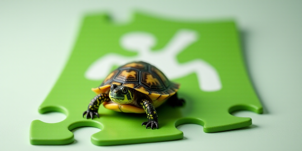 a small turtle is sitting on a green and white sign with a green and white logo behind it and a gree
