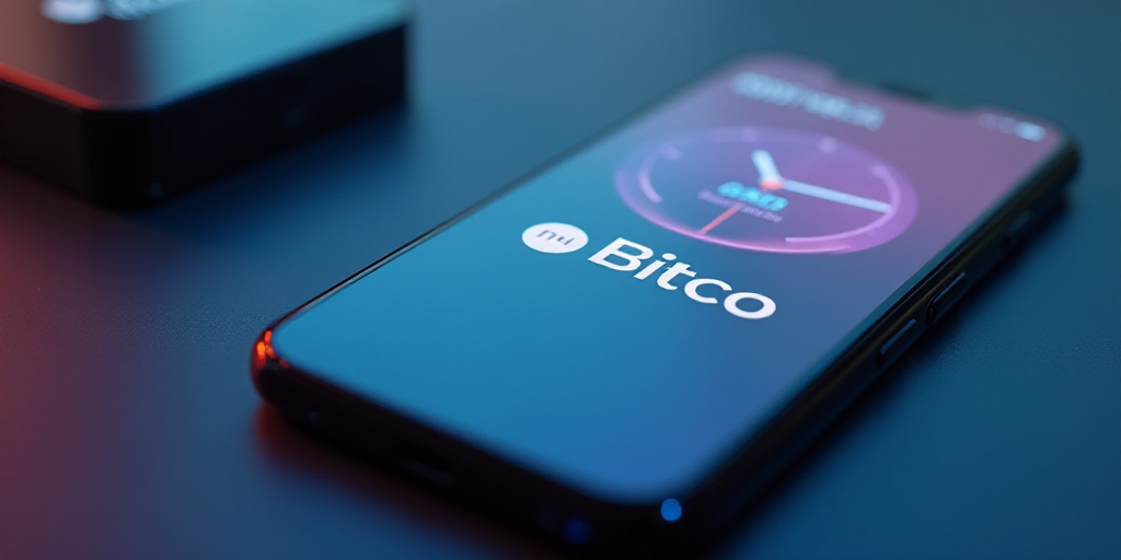 a smartphone with a clock on the screen and a bitco app on the screen with the bitco logo, ESAO, beh