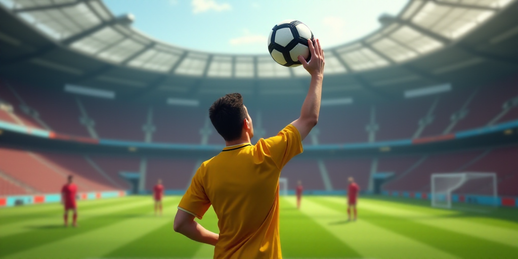 a soccer ball is held up in the air by a person in a stadium with other people in the background, Ca