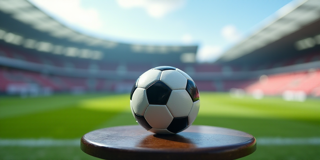 a soccer ball sitting on top of a table in a stadium with a sky background and a sky line, Carles De